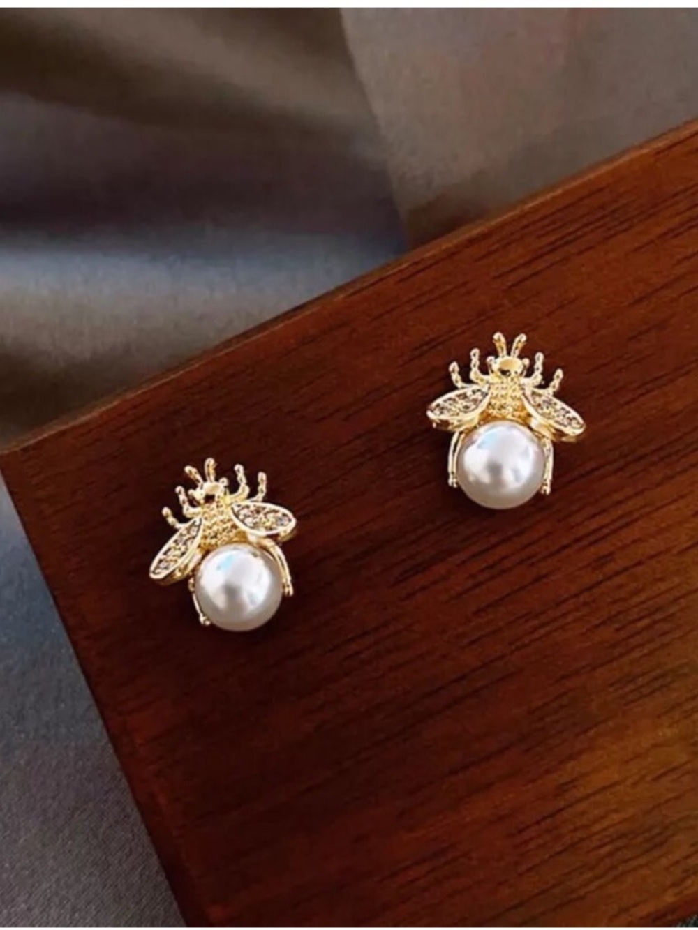 Gold Tone Bee Pearl Earrings - Picture 5 of 8